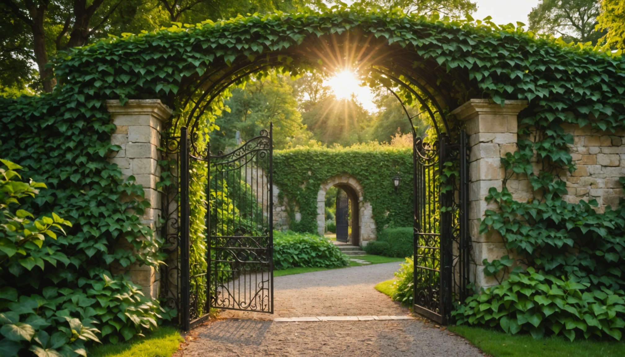 Ivy-covered stone wall with wrought iron garden gate